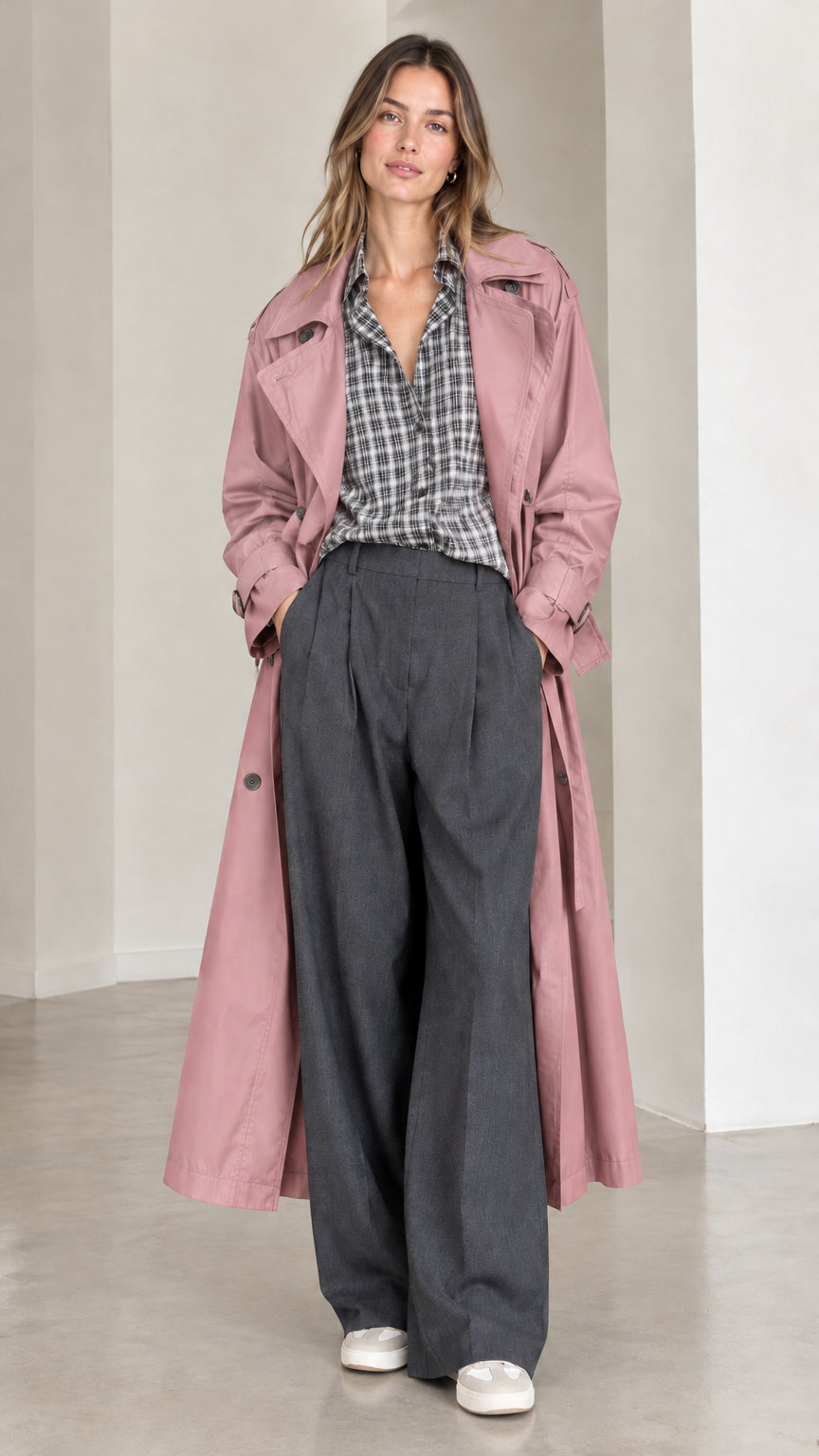Model wearing long dusty pink belted trench coat over gray trousers