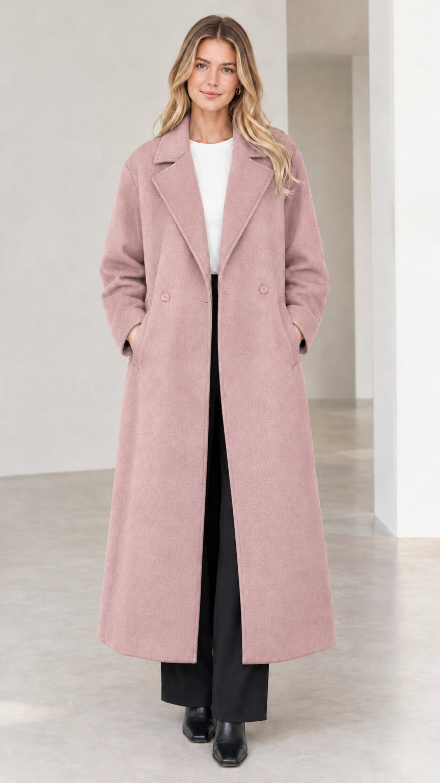 Full-length view of woman wearing dusty pink maxi overcoat