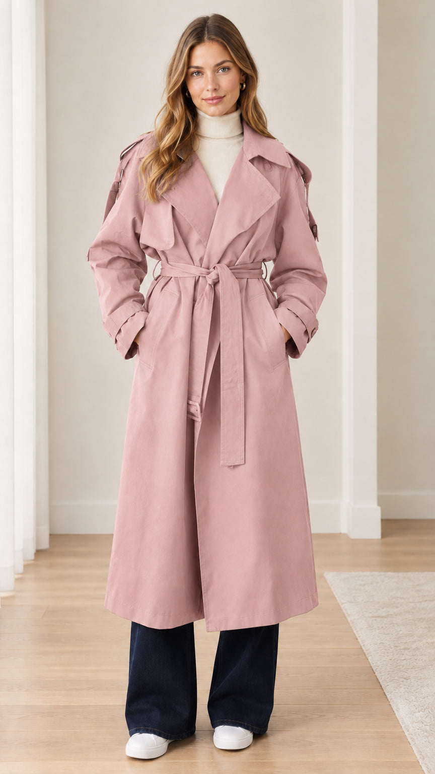Front view of model wearing blush pink longline belted trench coat