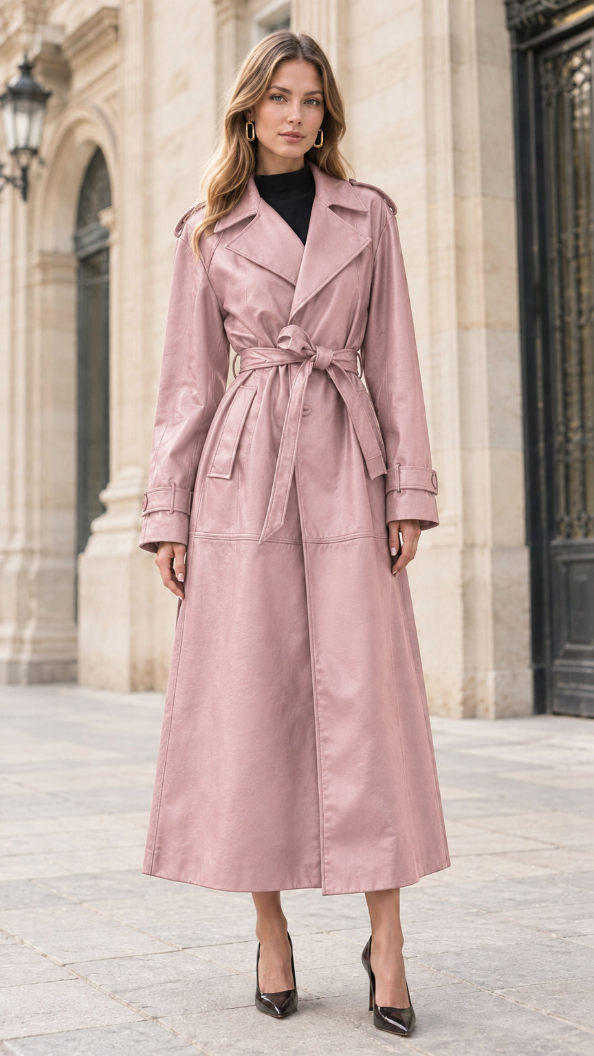 Front view of woman wearing dusty pink faux leather belted maxi trench coat