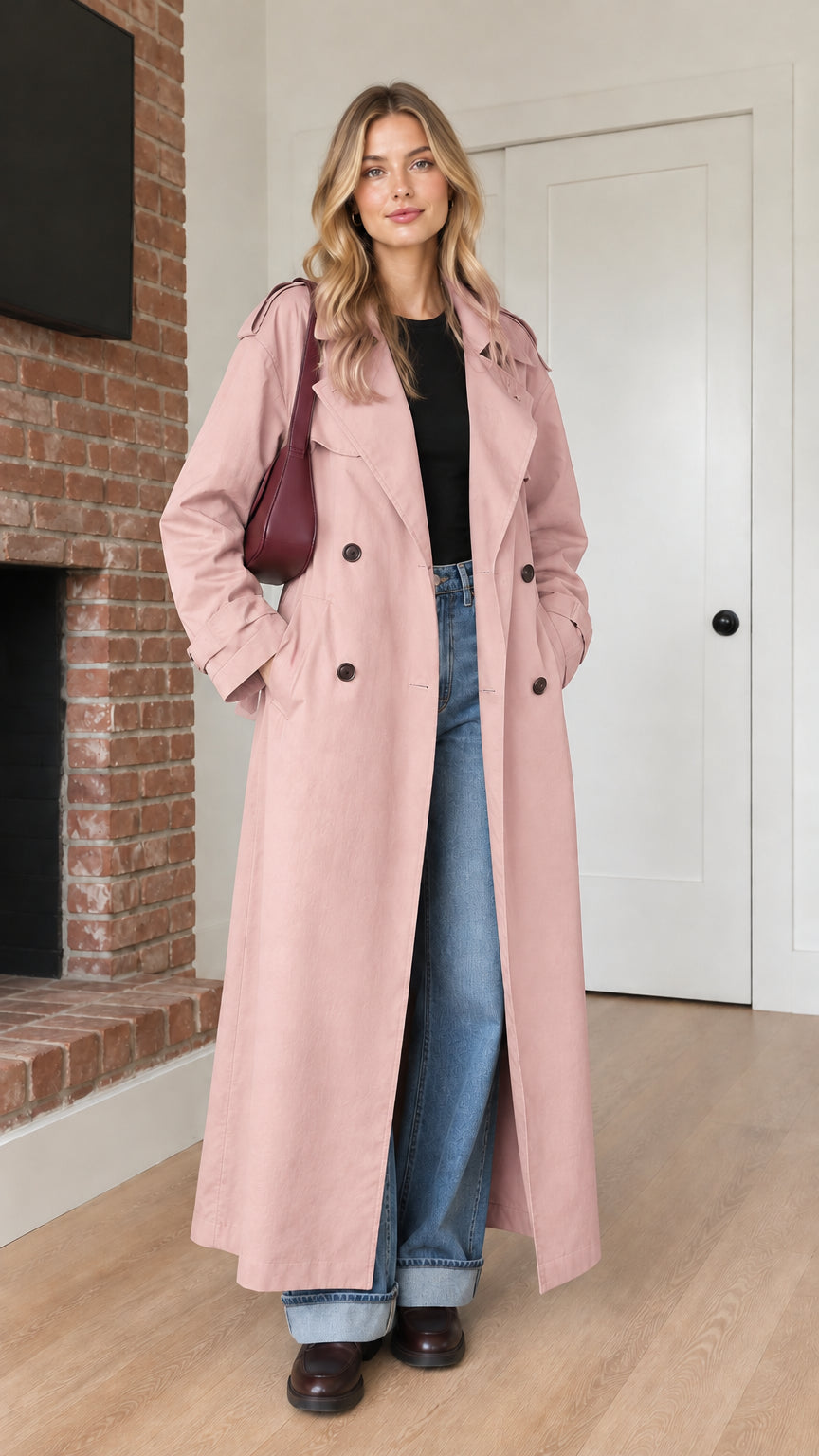 Front view of model wearing dusty pink double-breasted maxi trench coat