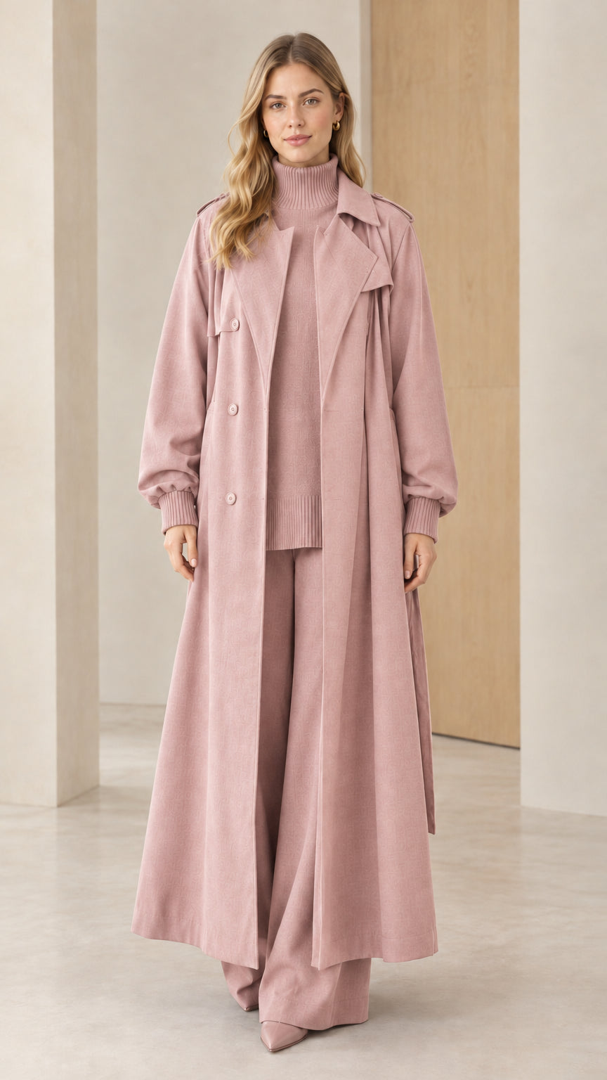 Full-length front view of woman wearing dusty pink maxi trench coat
