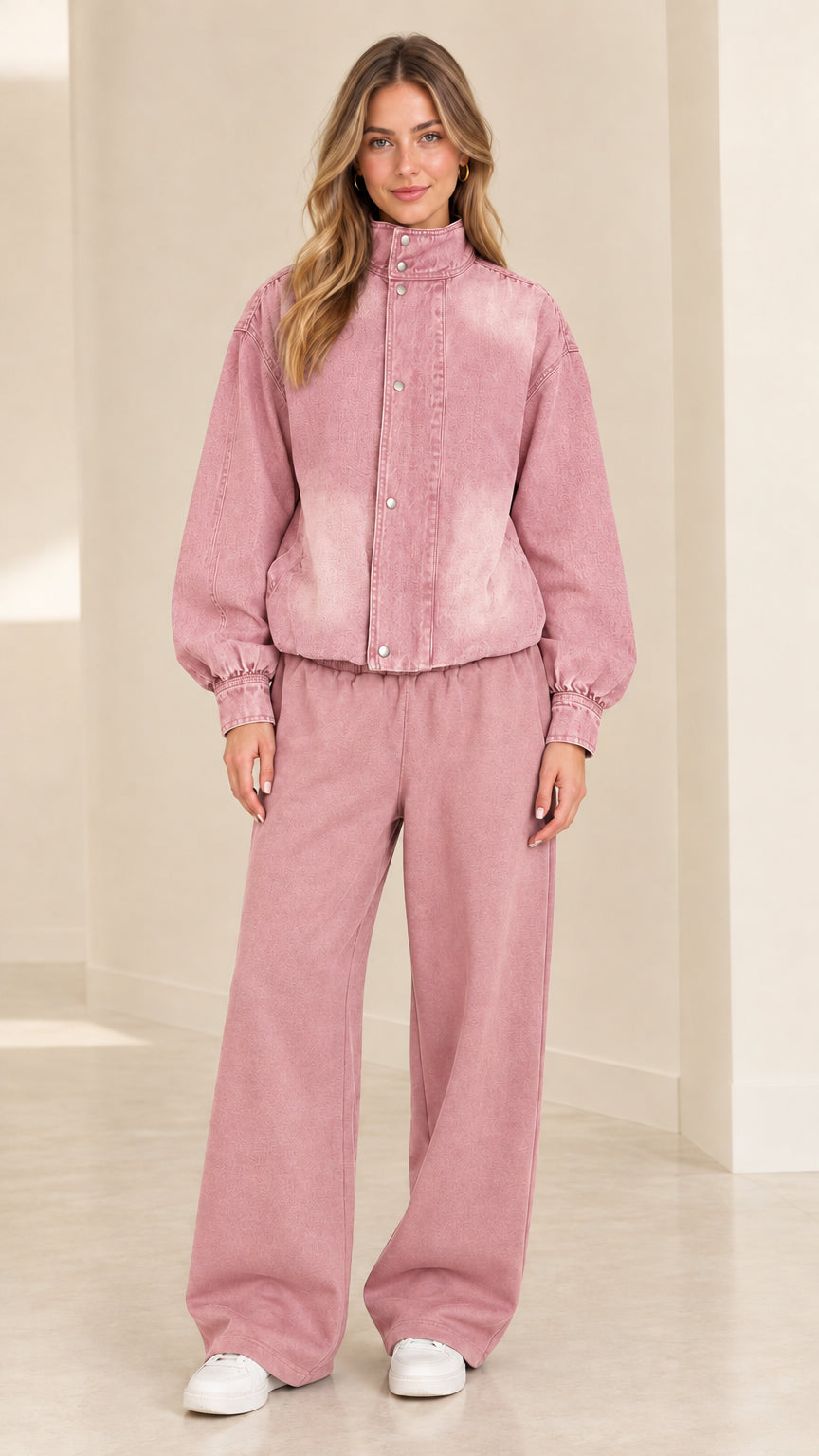 Model wearing washed pink stand collar jacket and matching pink wide-leg pants