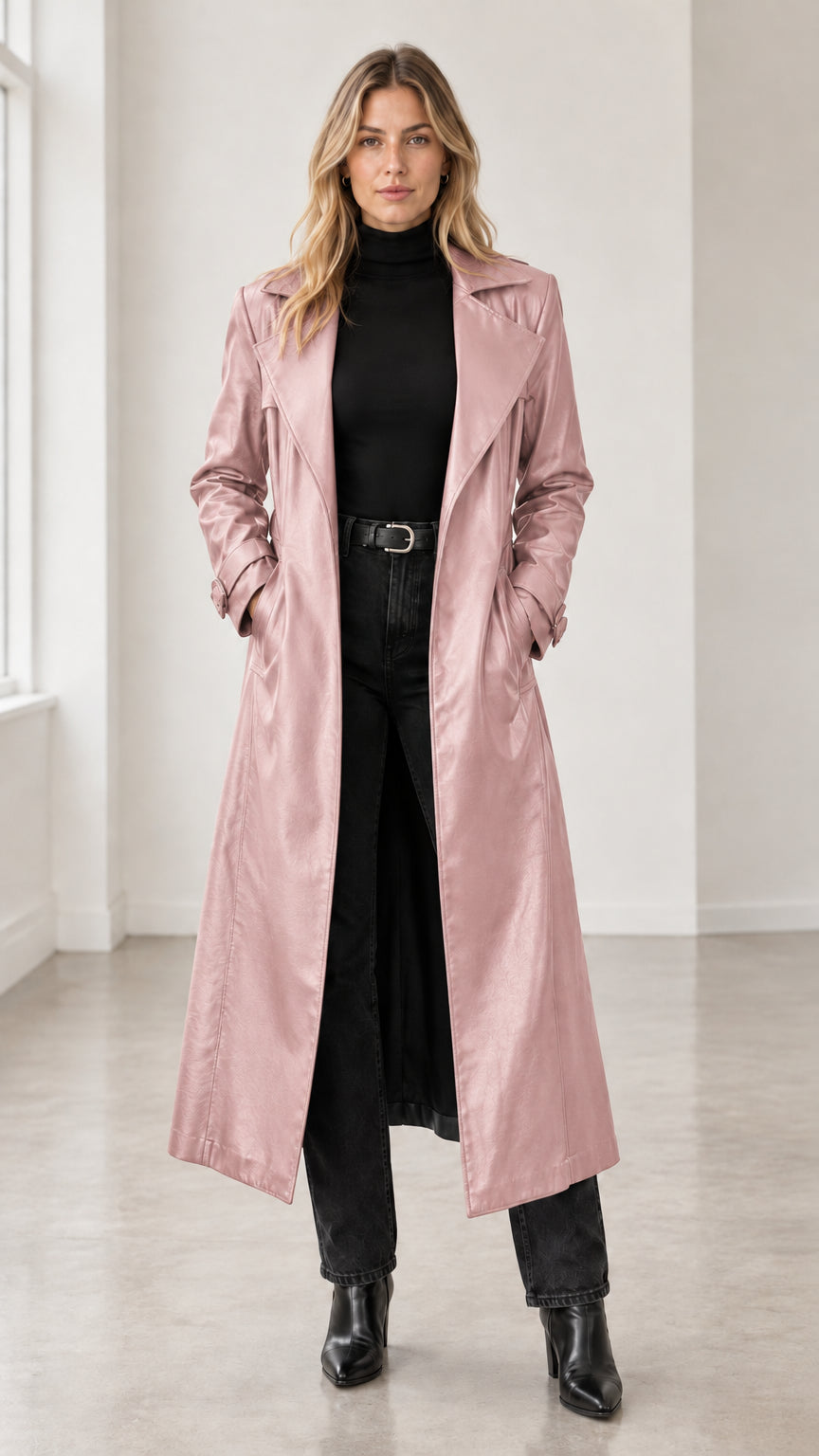 Front view of woman wearing dusty pink full-length faux leather trench coat