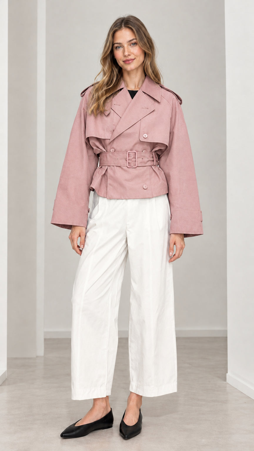 Front view of woman wearing dusty pink cropped double-breasted trench jacket with matching belt