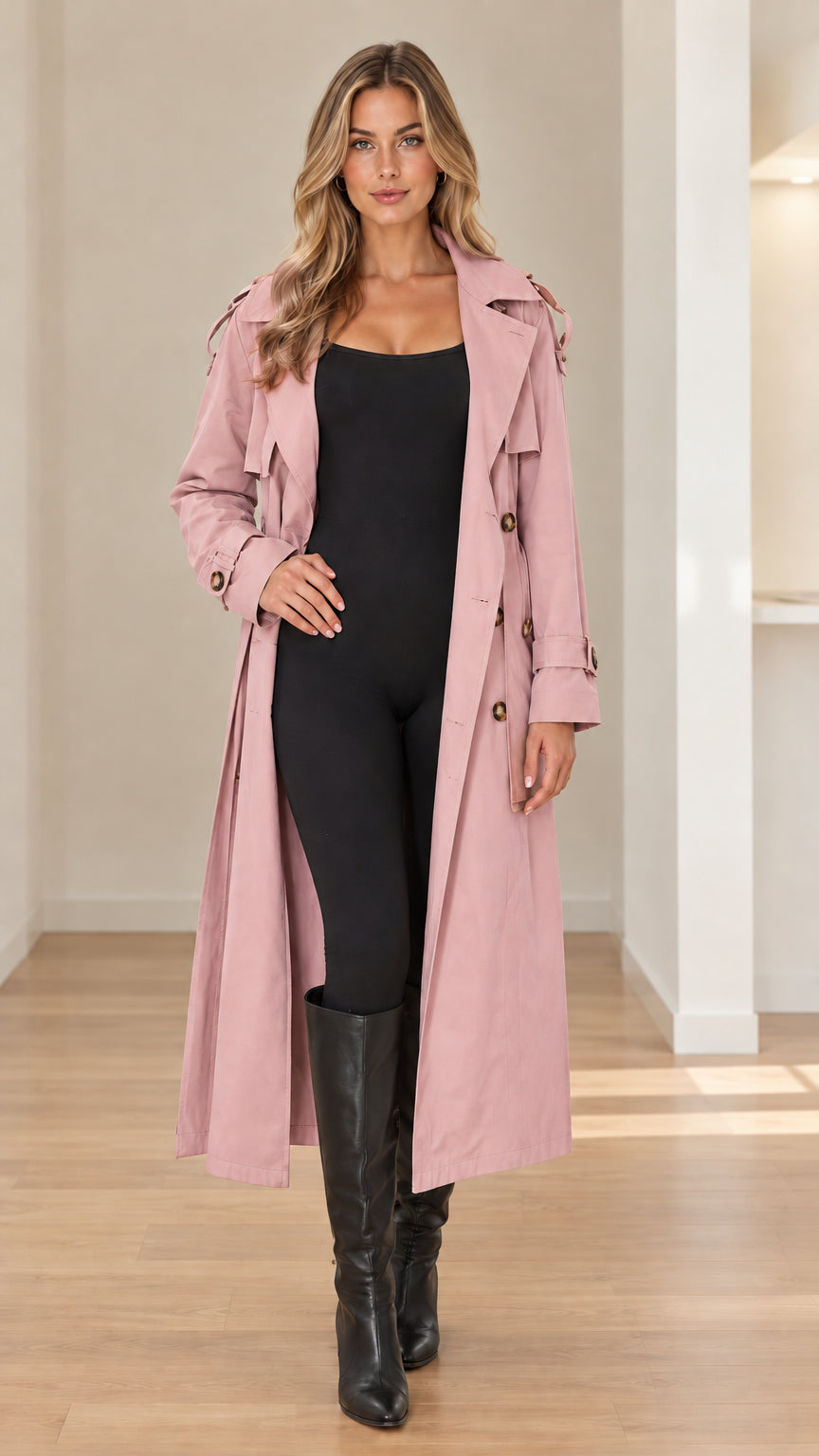 Front full-length view of woman wearing dusty pink double-breasted long trench coat