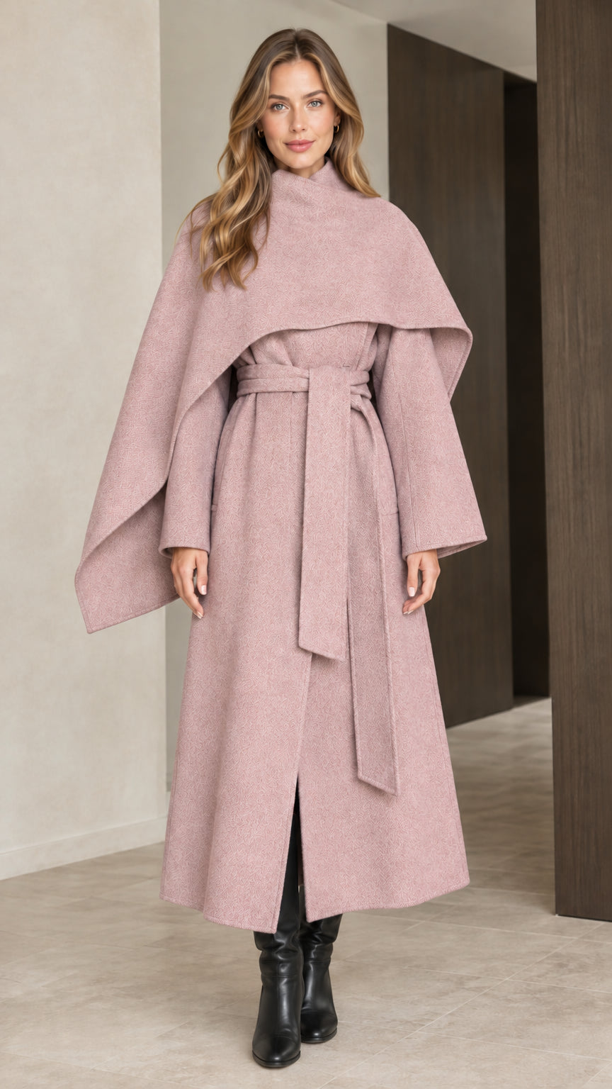Full-length front view of woman wearing dusty pink capelet overlay long wrap coat