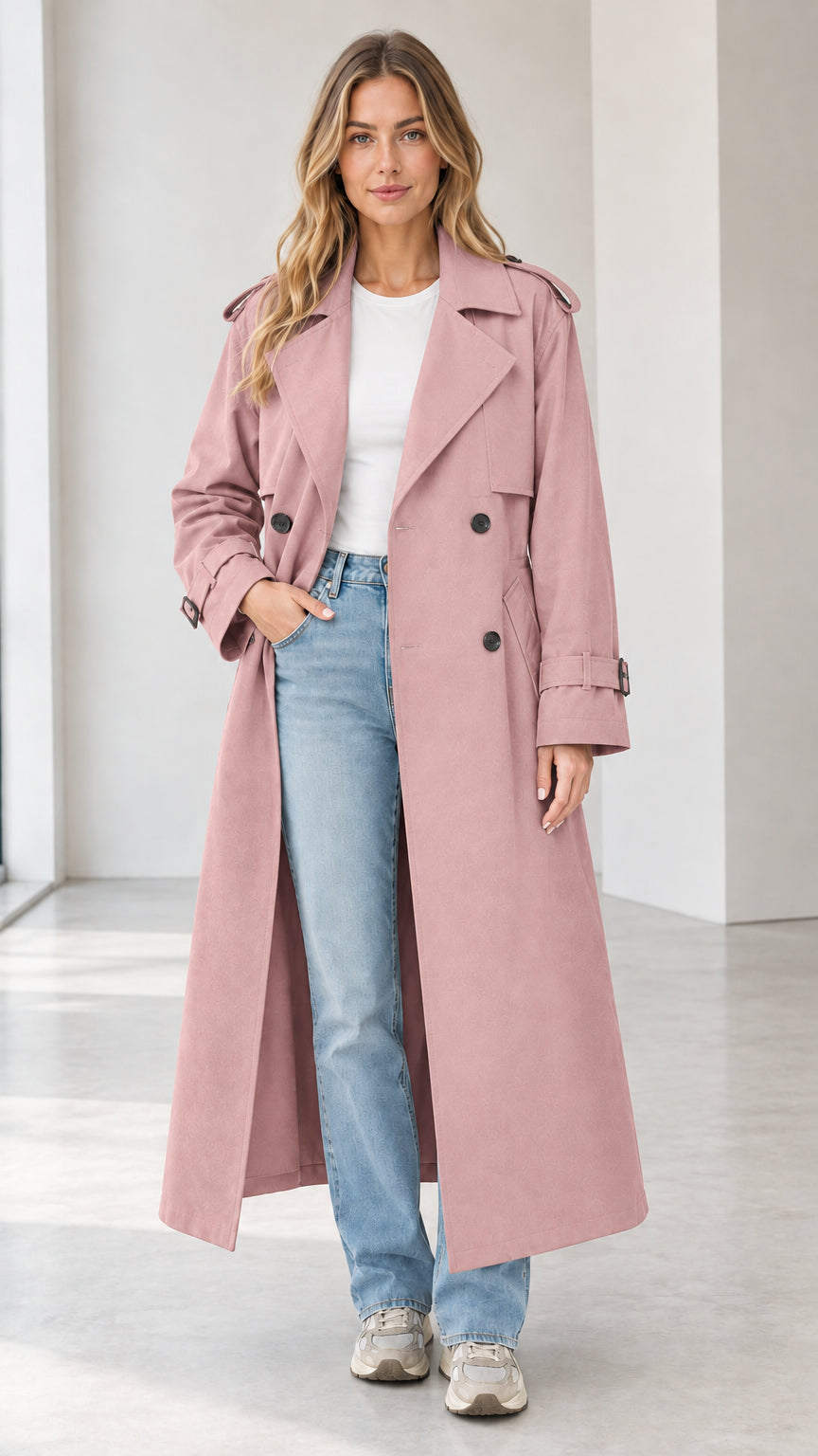 Full-length view of woman modeling the long dusty pink double-breasted trench coat