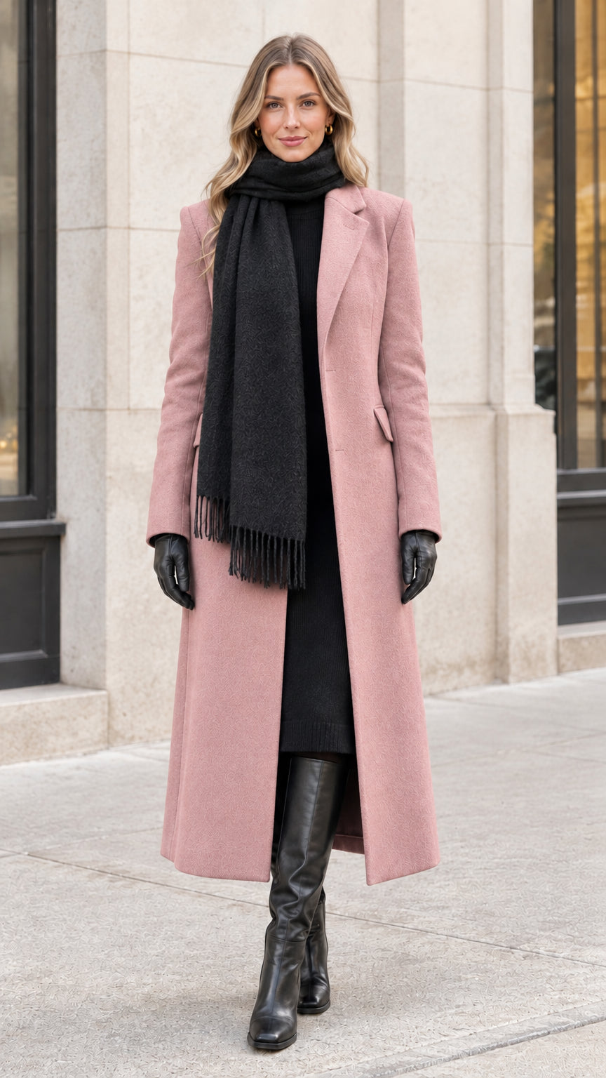 Model wearing dusty pink tailored maxi overcoat paired with black scarf