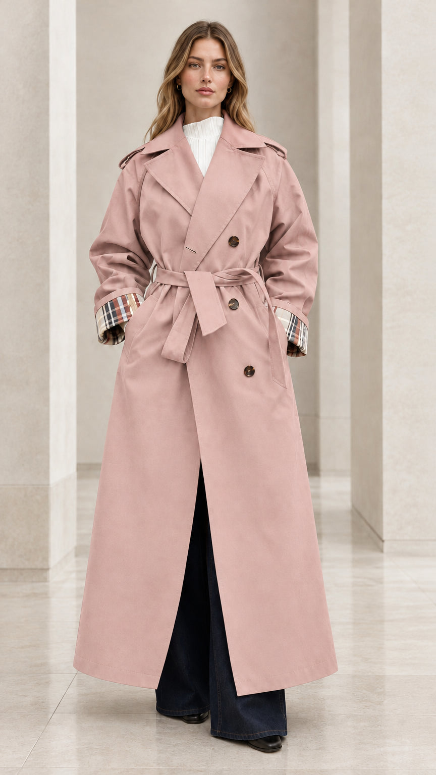 Front full-length view of woman wearing dusty pink double-breasted maxi trench coat
