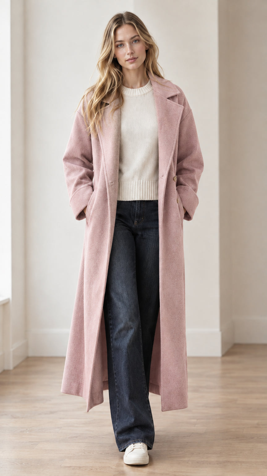 Full-length view of model wearing soft dusty pink longline belted coat