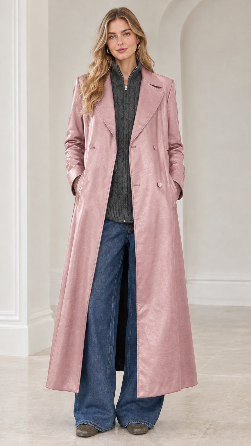 Full-length front view of model wearing dusty pink faux leather maxi trench coat