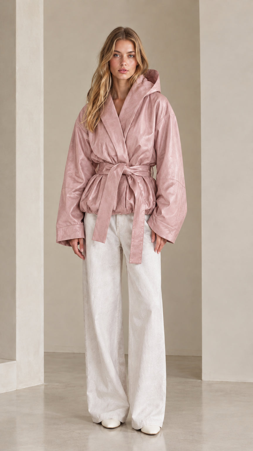Front view of model wearing dusty pink hooded belted faux leather jacket