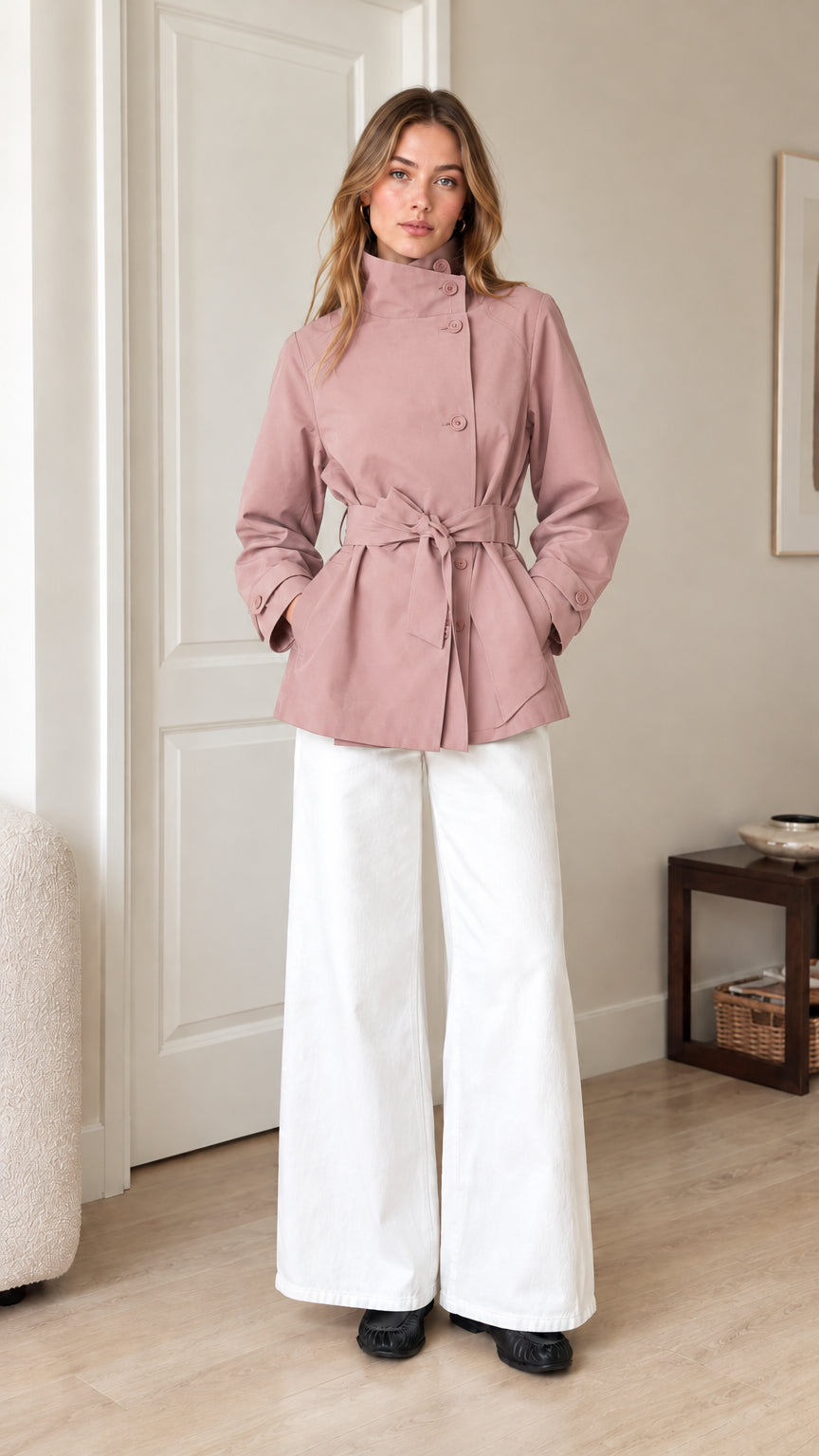 Front view of model wearing dusty pink belted short trench jacket with white trousers
