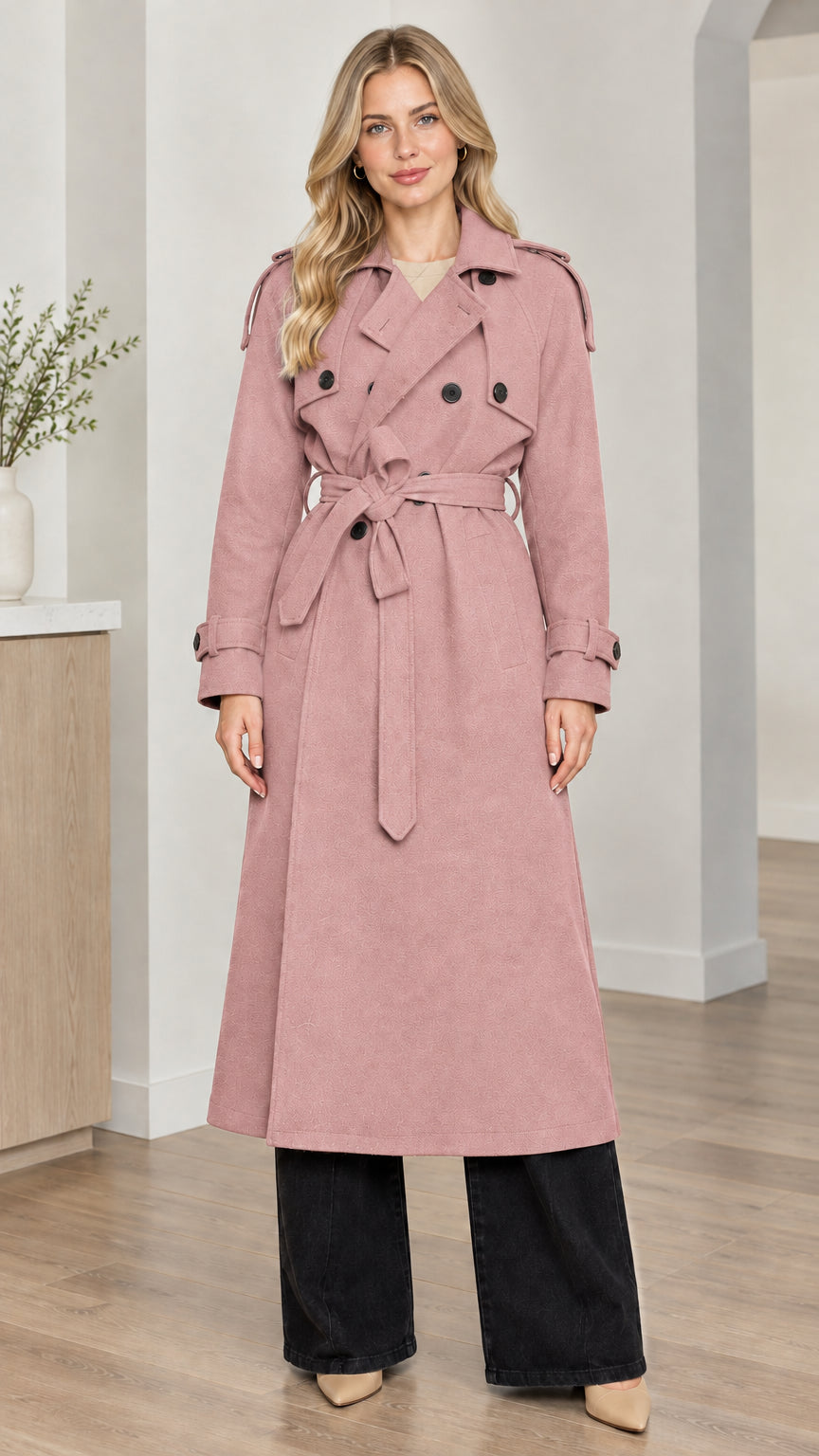 Front full-length view of woman wearing dusty pink double-breasted long trench coat with tie belt