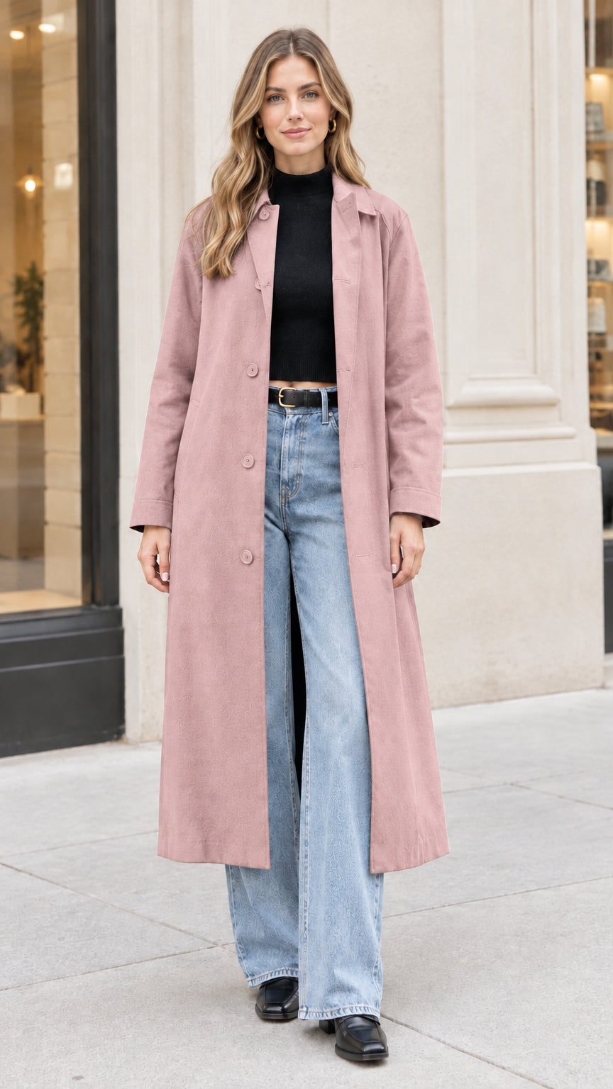 Front view of woman wearing Dusty Pink longline trench coat with casual styling