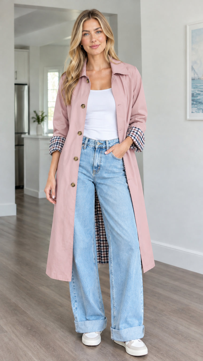 Front view of woman wearing dusty pink long plaid-lined trench coat over white top and jeans