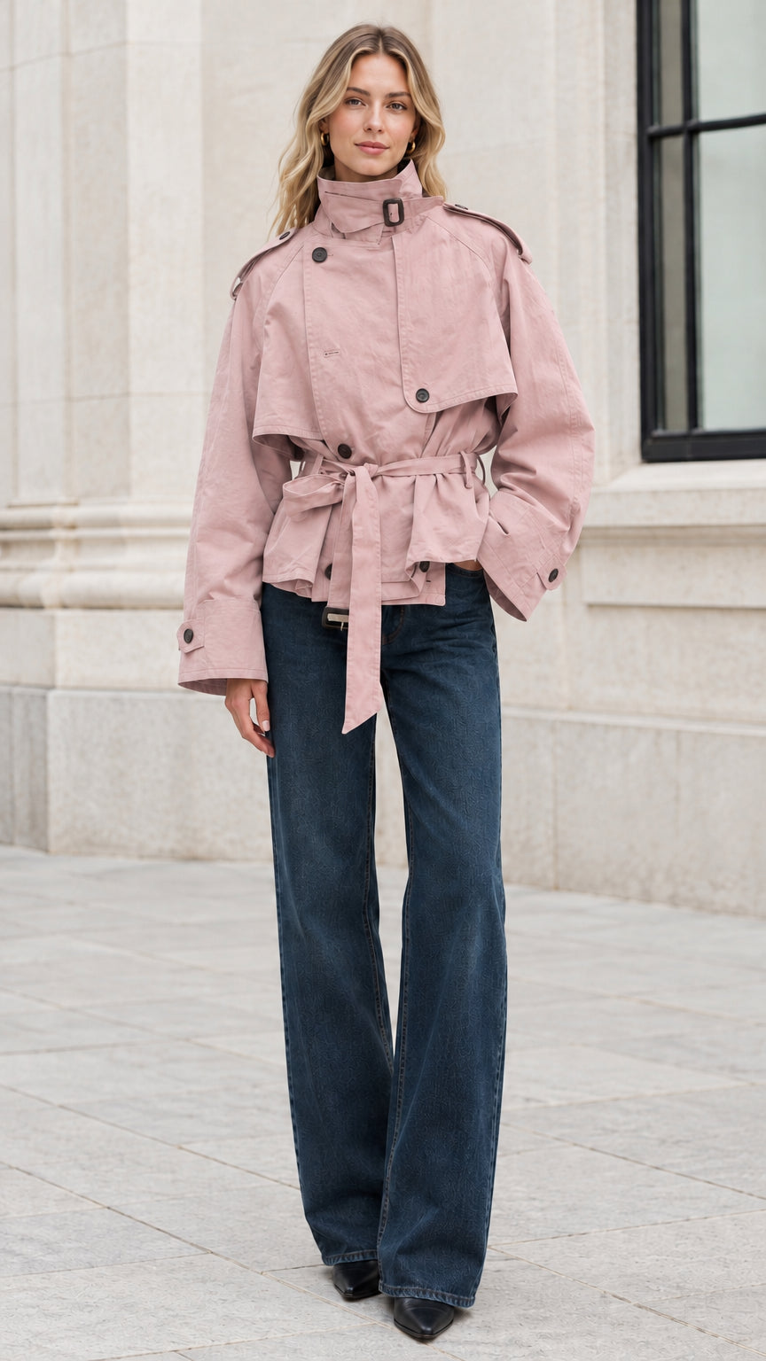 Full-length shot of model wearing dusty pink cropped belted trench jacket with button details