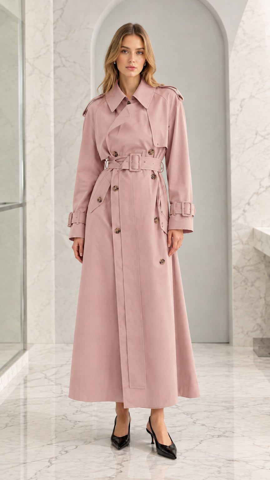 Front full-length view of woman wearing dusty pink maxi belted trench coat