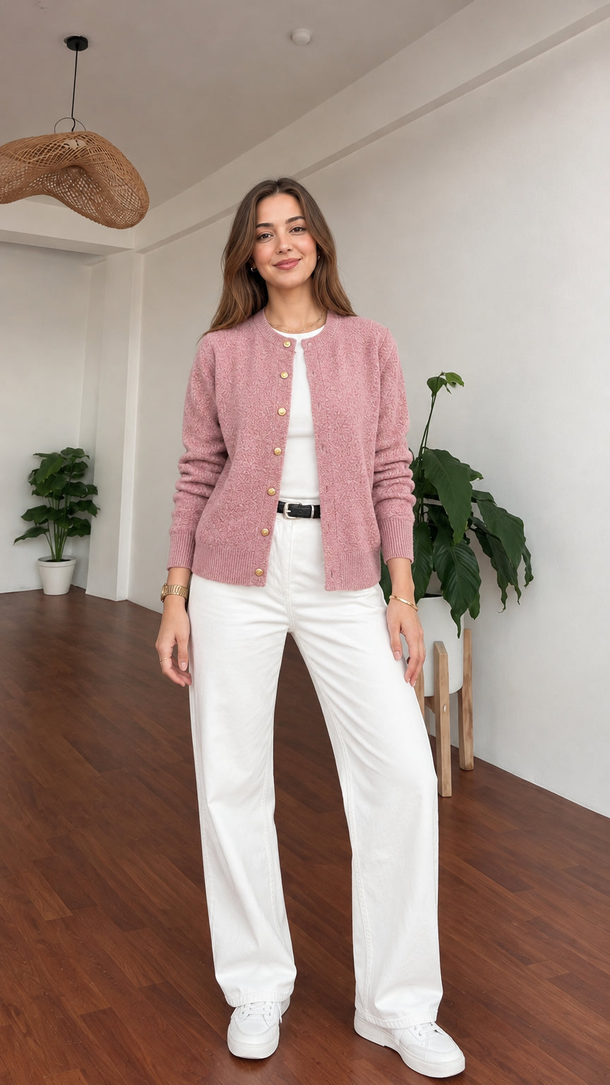 Model wearing dusty pink textured knit cardigan with gold buttons