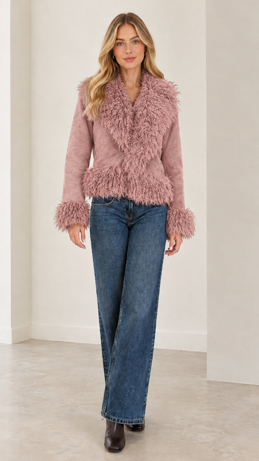 Full front view of the dusty pink faux suede jacket with tonal shaggy faux fur trim