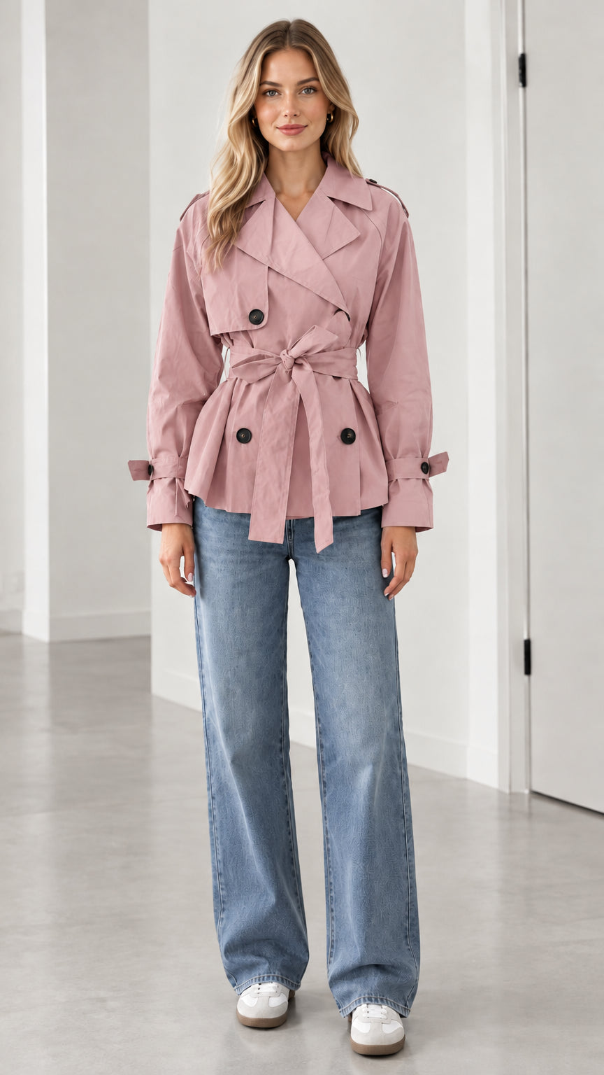 Front view of model wearing dusty pink short double-breasted belted trench coat