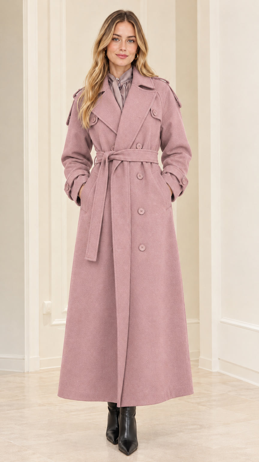 Front full view of woman wearing Dusty Pink double-breasted maxi trench coat