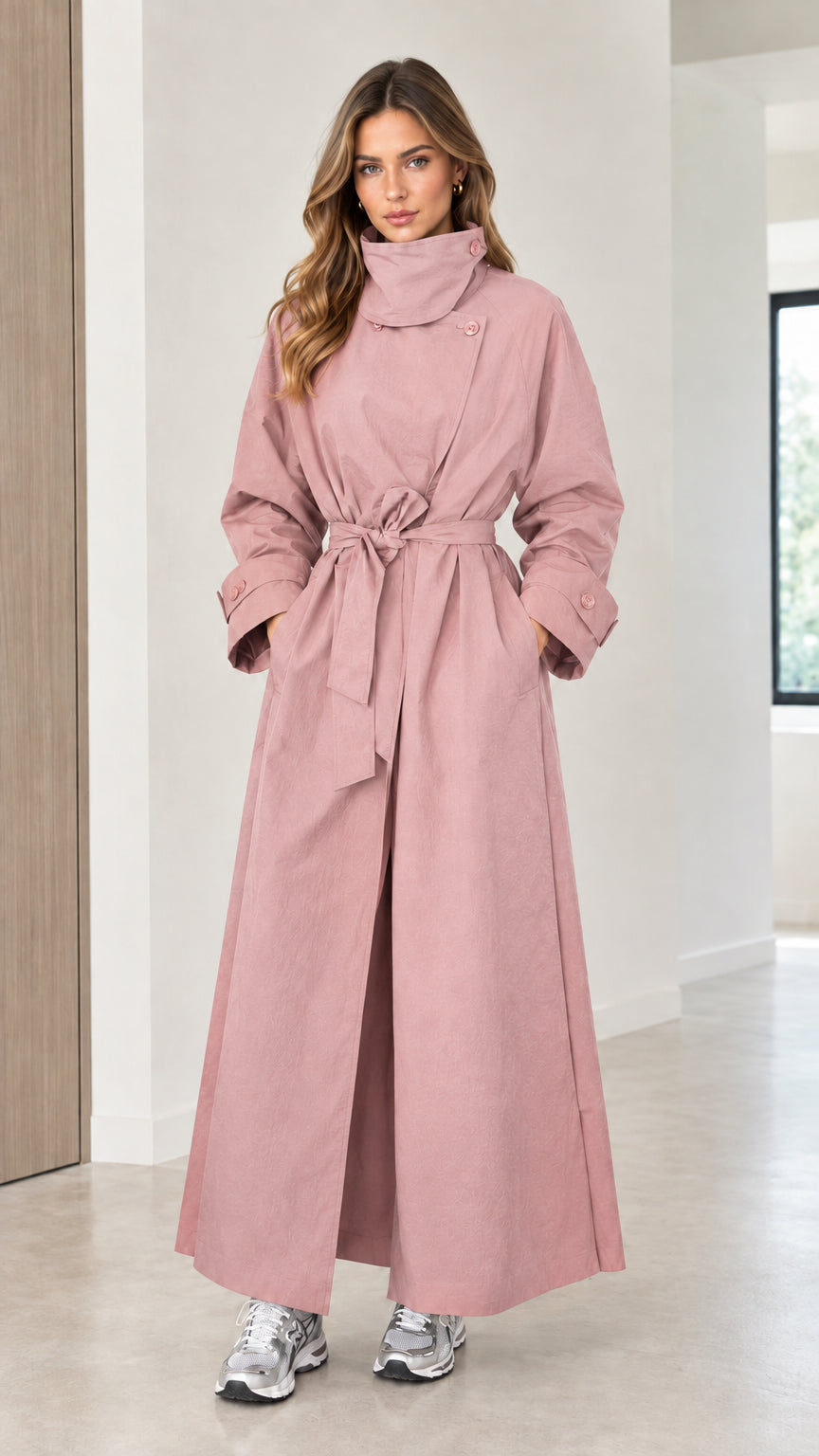 Front full view of a woman wearing a dusty pink maxi trench coat with a self-tie belt