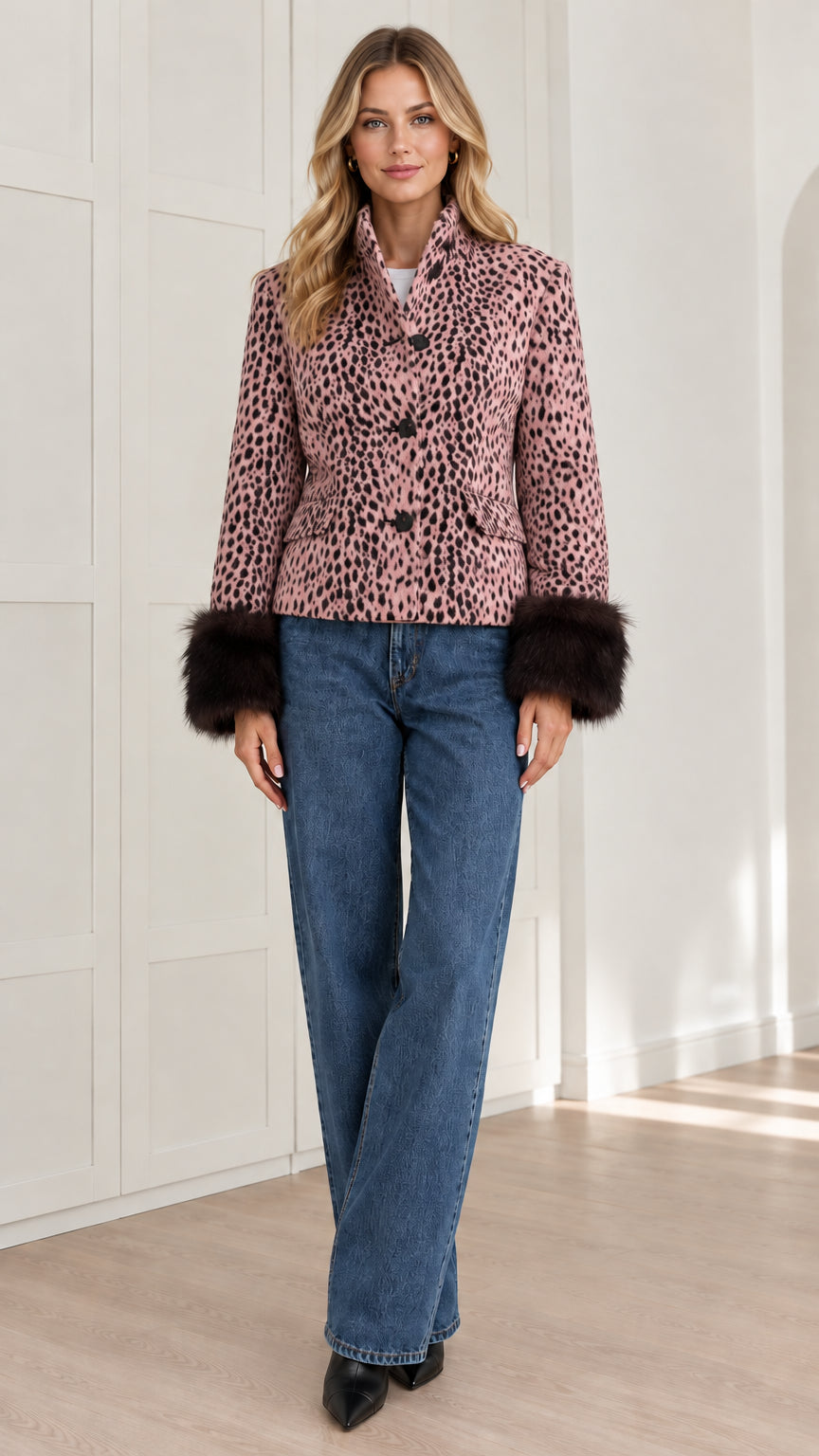 Front view of blush pink leopard print jacket with faux fur cuffs and jeans