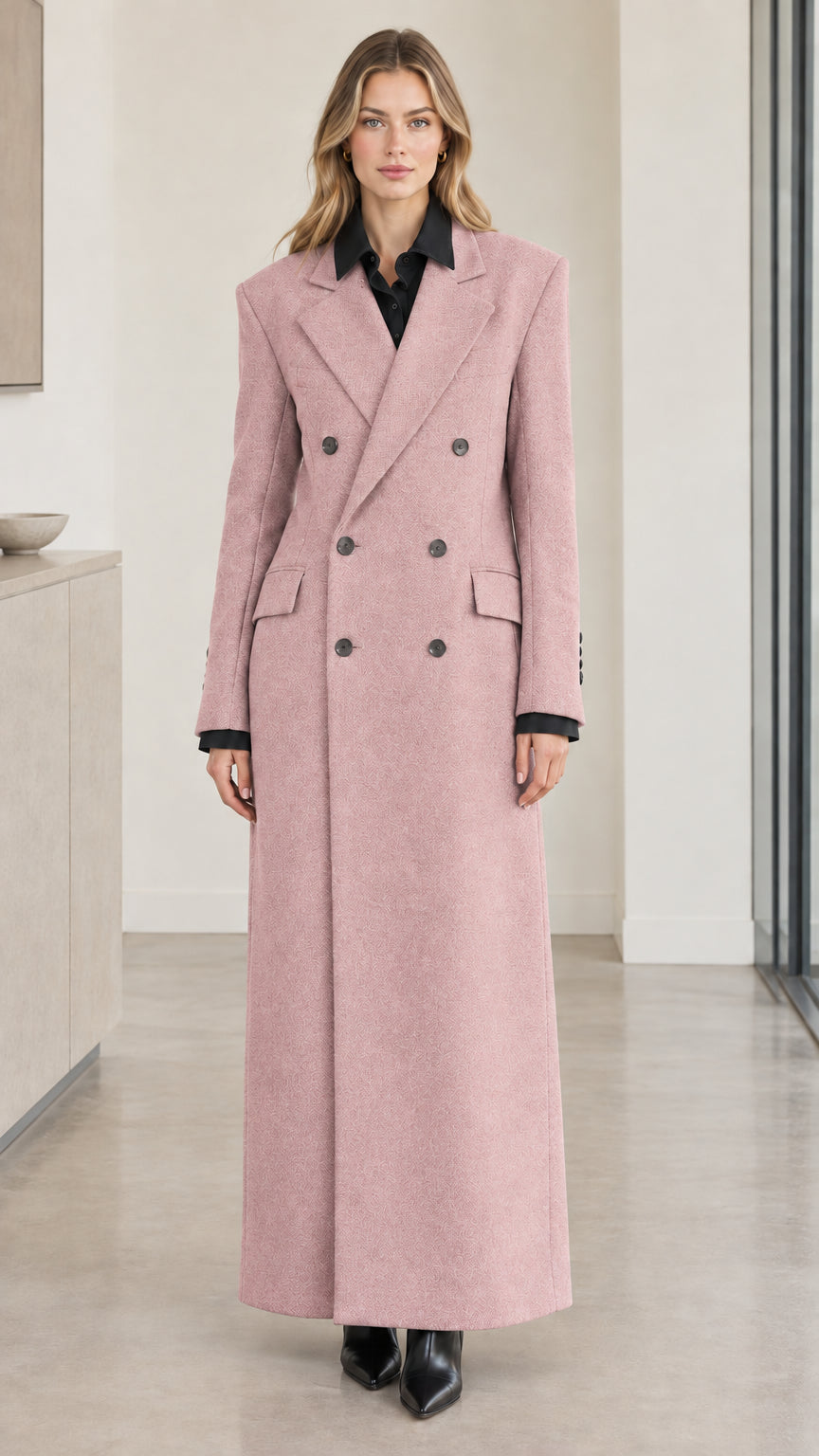 Front full-length view of woman wearing dusty pink double-breasted maxi overcoat