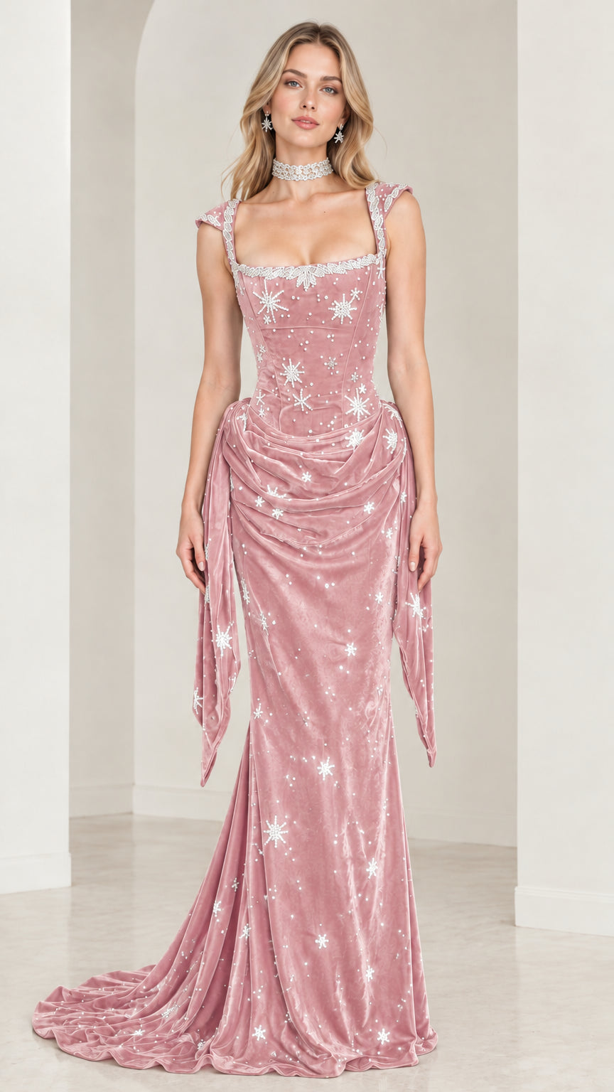 Front view of model wearing Dusty Pink celestial beaded velvet gown with waist draping