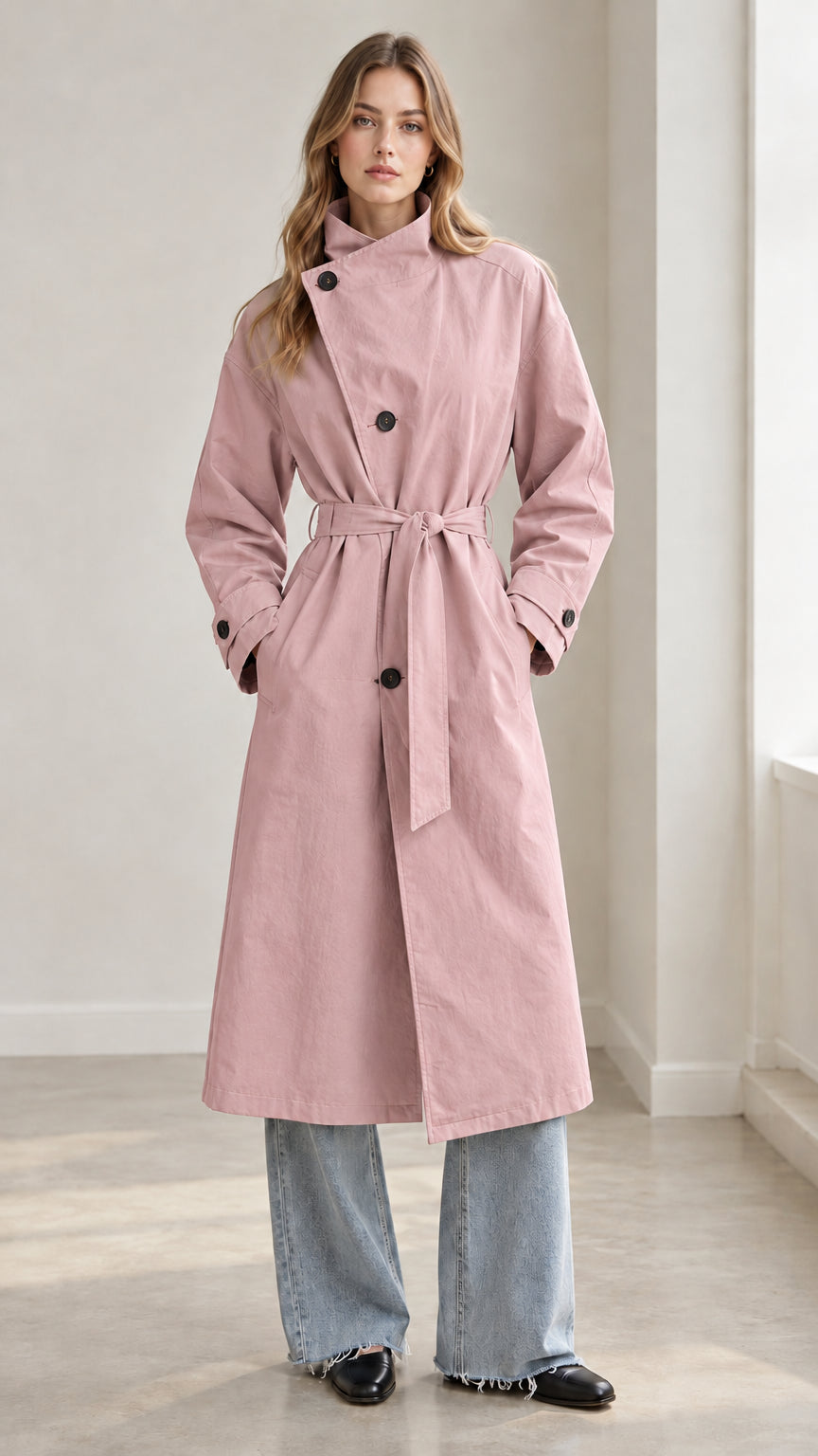 Front view of woman wearing dusty pink high-neck belted trench coat