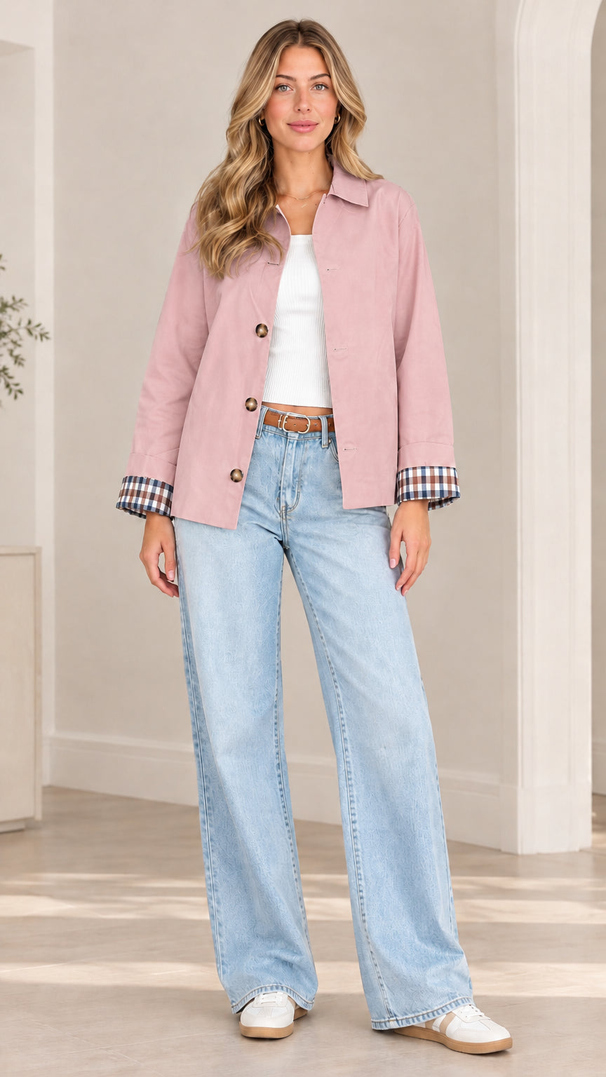 Front view of model wearing dusty pink button-down jacket with check trim cuffs