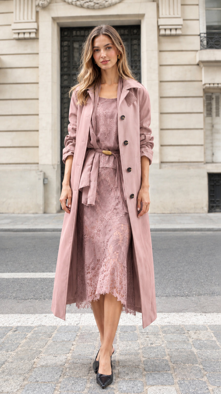 Model wearing dusty pink trench coat and coordinating lace dress set