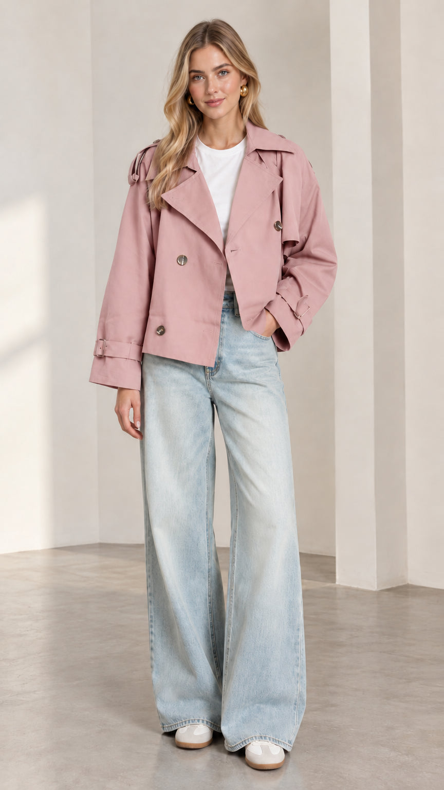 Front full-length view of model wearing dusty pink cropped trench jacket with wide-leg jeans