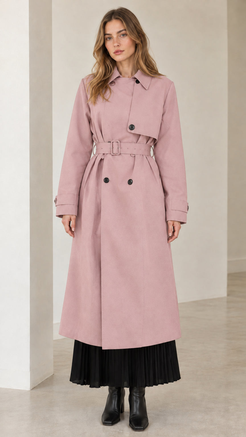 Front view of model wearing dusty pink maxi belted trench coat