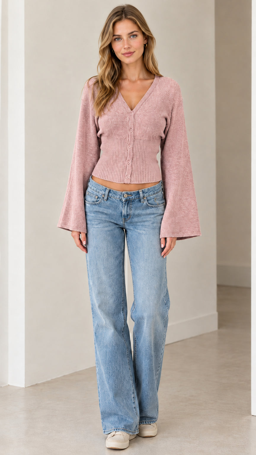 Full front view of model wearing dusty pink V-neck bell sleeve knit cardigan