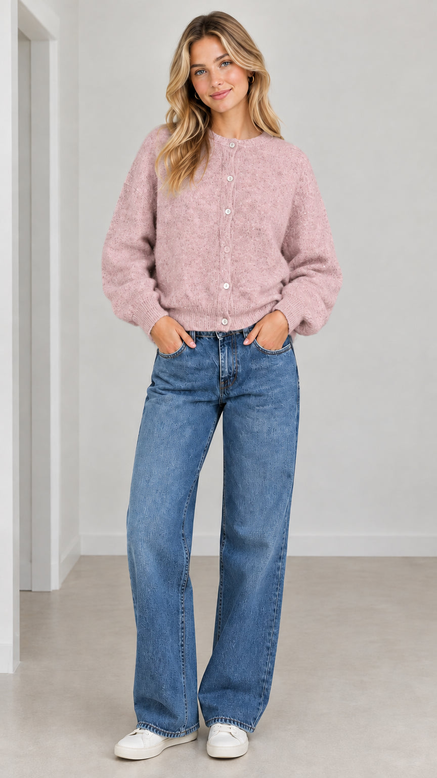Woman wearing Dusty Pink fuzzy knit button-front cardigan sweater