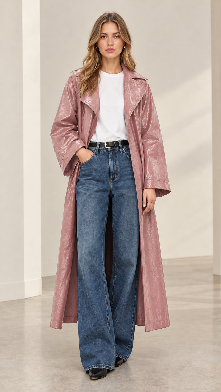 Front view of dusty pink crinkled patent-finish long trench coat