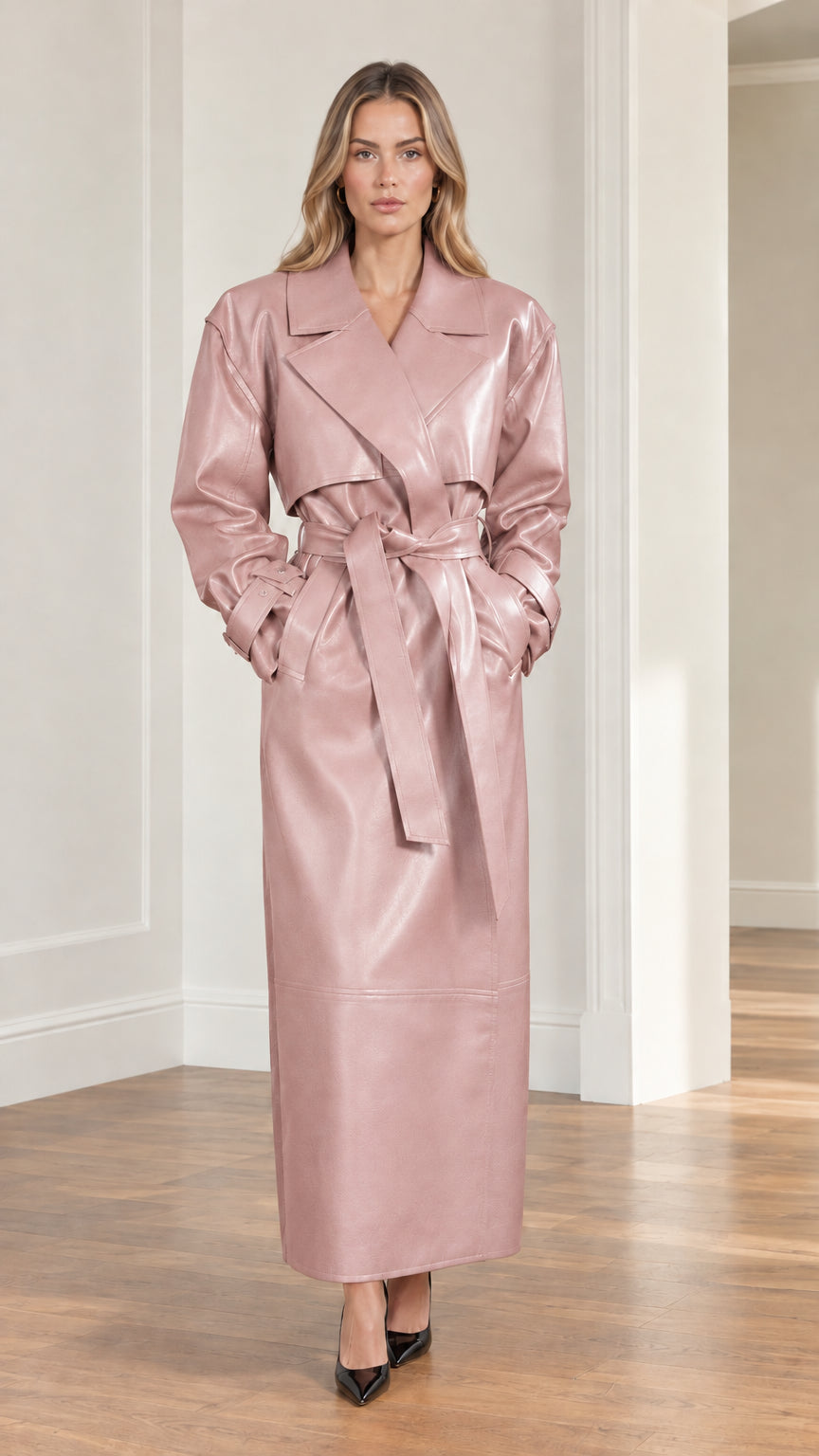 Model wearing dusty pink faux leather maxi trench coat