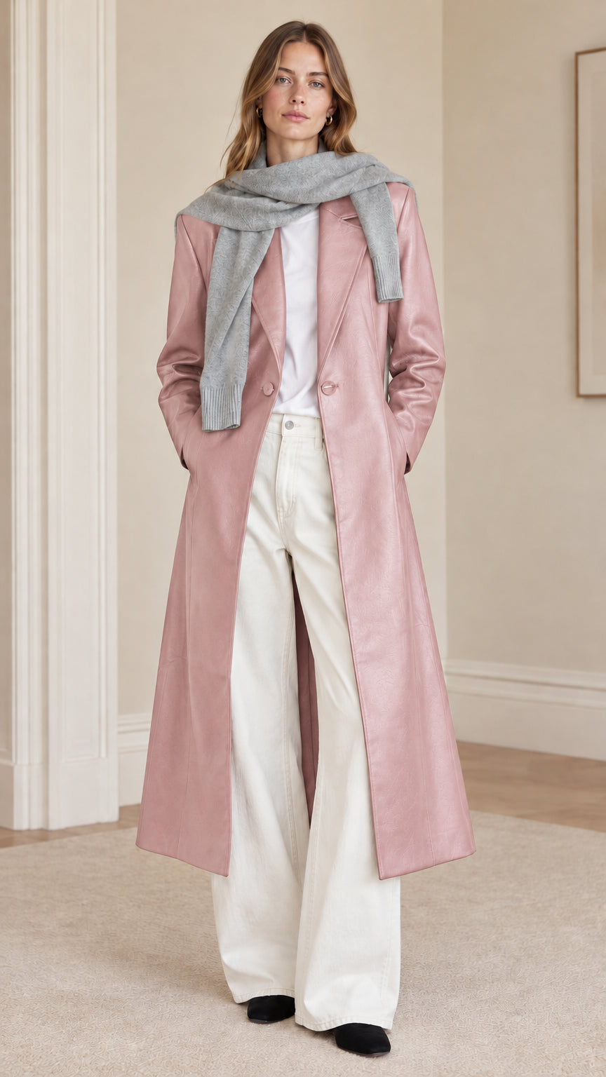 Model wearing dusty pink long faux leather coat with notch lapels and open front styling