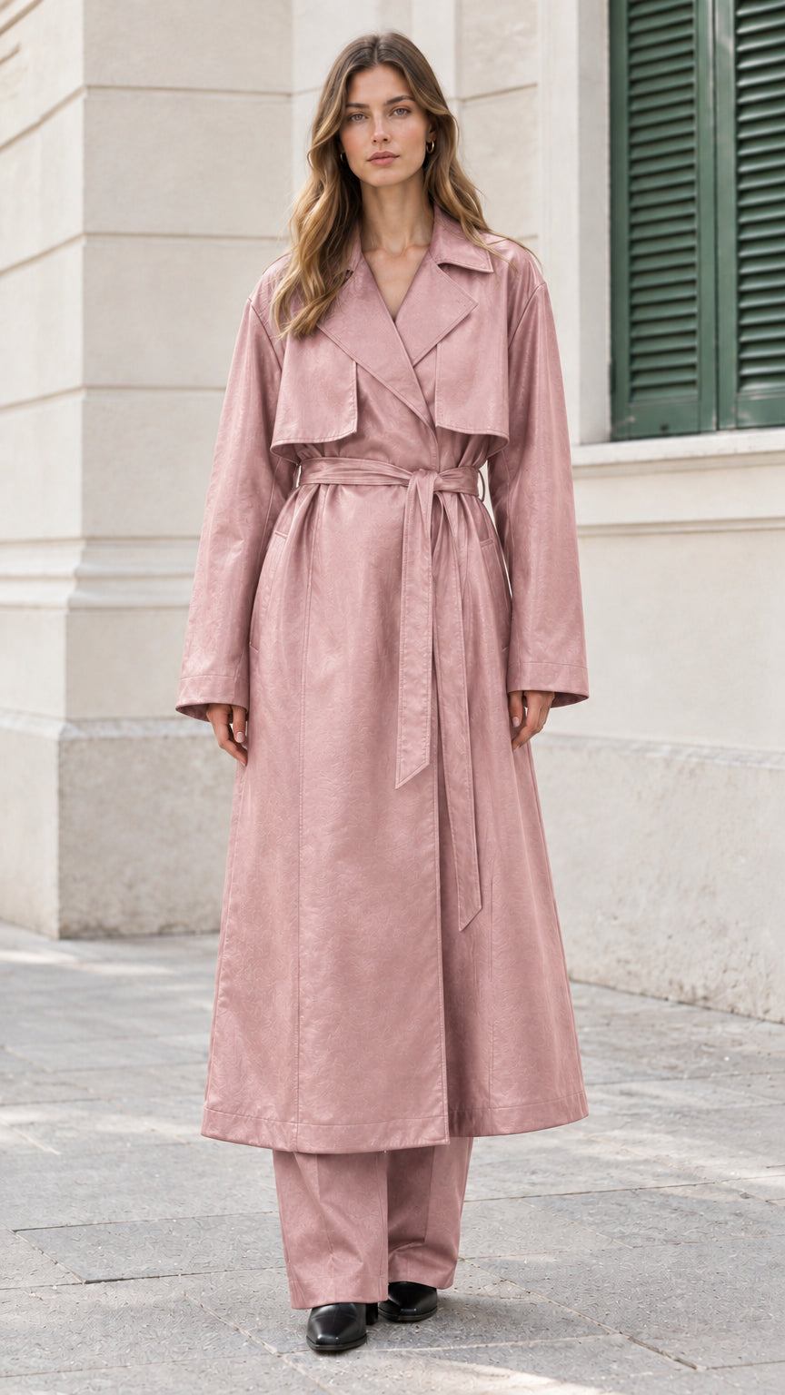 Front view of model wearing dusty pink belted faux leather trench coat