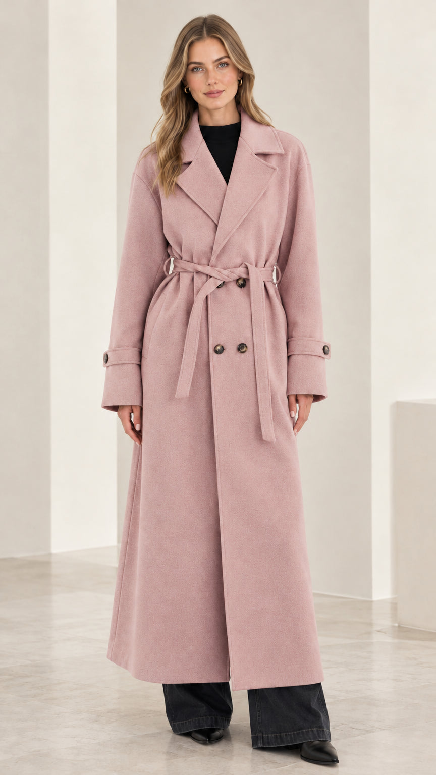 Front view of woman modeling a dusty pink double-breasted maxi belted trench coat