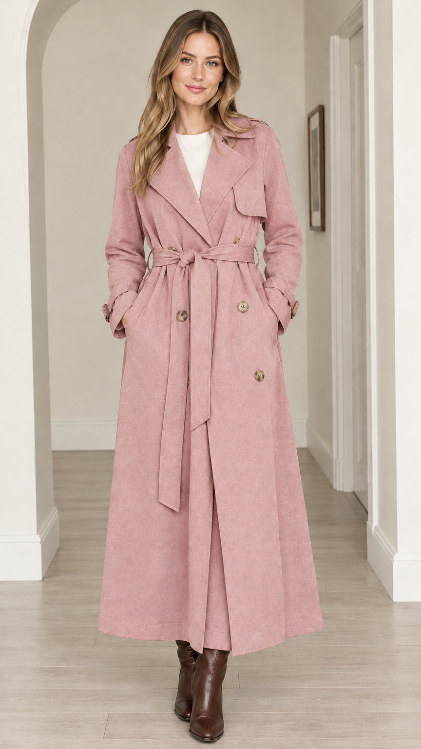 Front view of women's maxi long trench coat in dusty pink