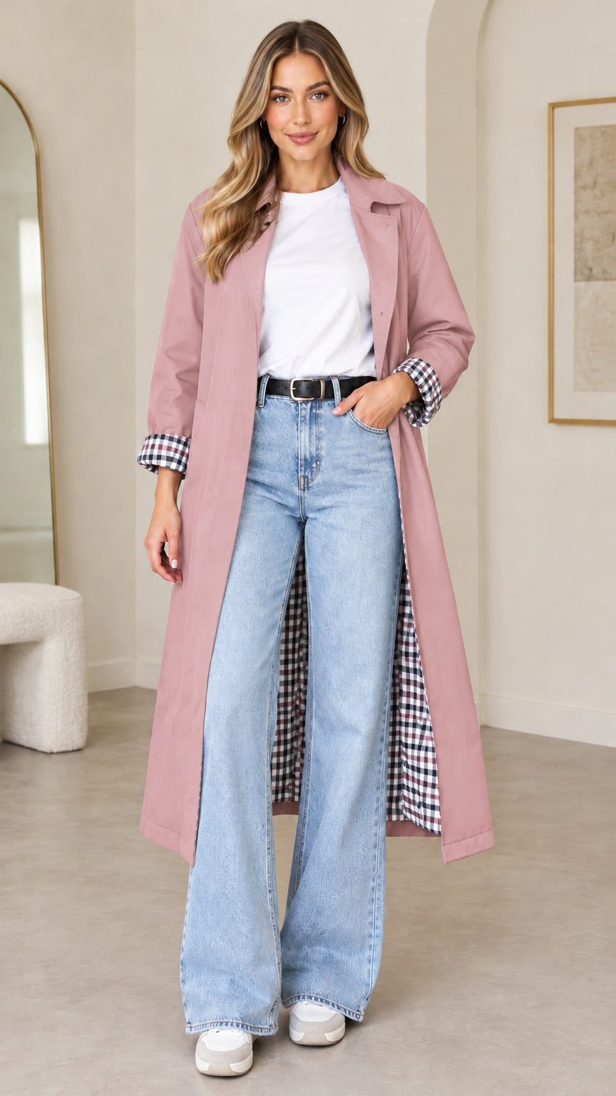 Front full-length view of woman wearing dusty pink long duster trench coat with plaid cuffs