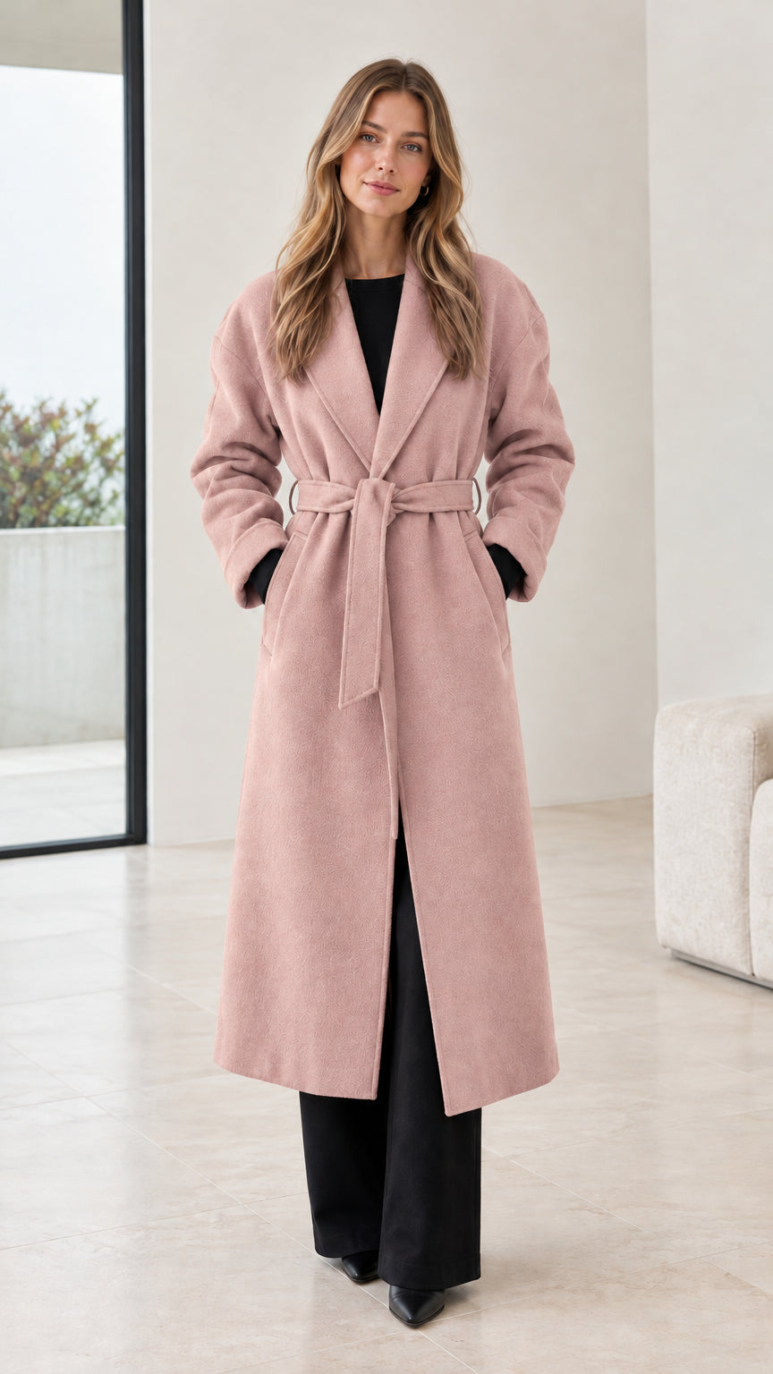 Model wearing the long belted overcoat in dusty pink