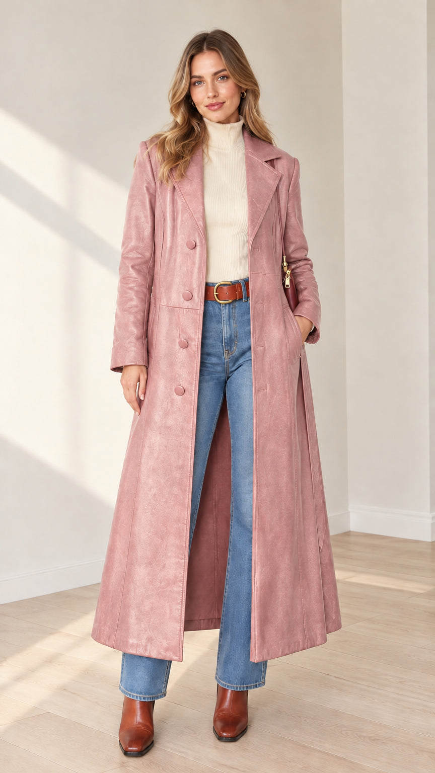 Front view of woman wearing full-length dusty pink faux leather trench coat