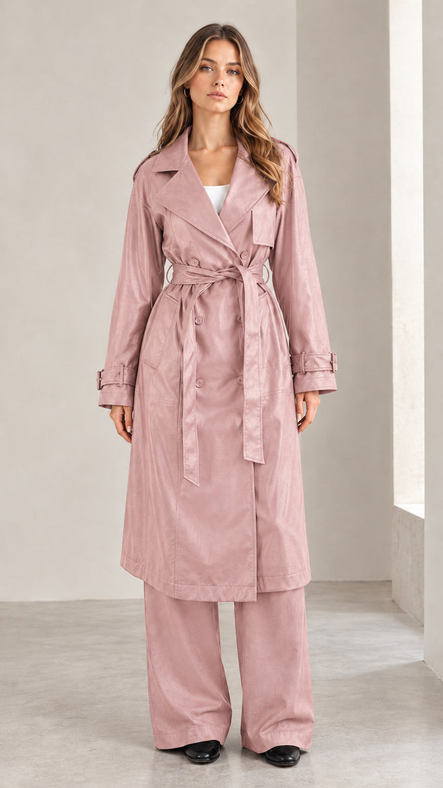 Model wearing the dusty pink belted trench coat and matching wide-leg pants set
