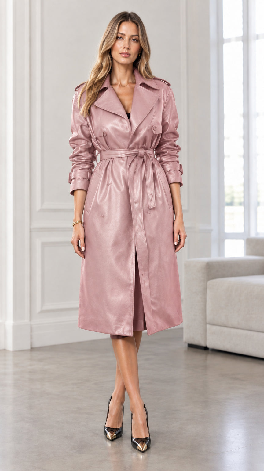 Model wearing dusty pink faux leather belted midi trench coat with lapels