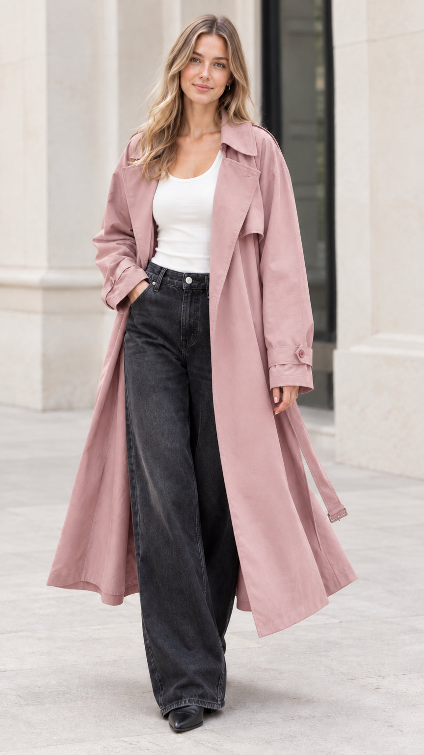 Front full-length view of woman wearing dusty pink longline trench coat